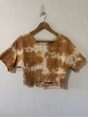 Mate the Label Tie Dye Short Sleeve Cropped Sweatshirt Camel Raw Neck Cuff-Small